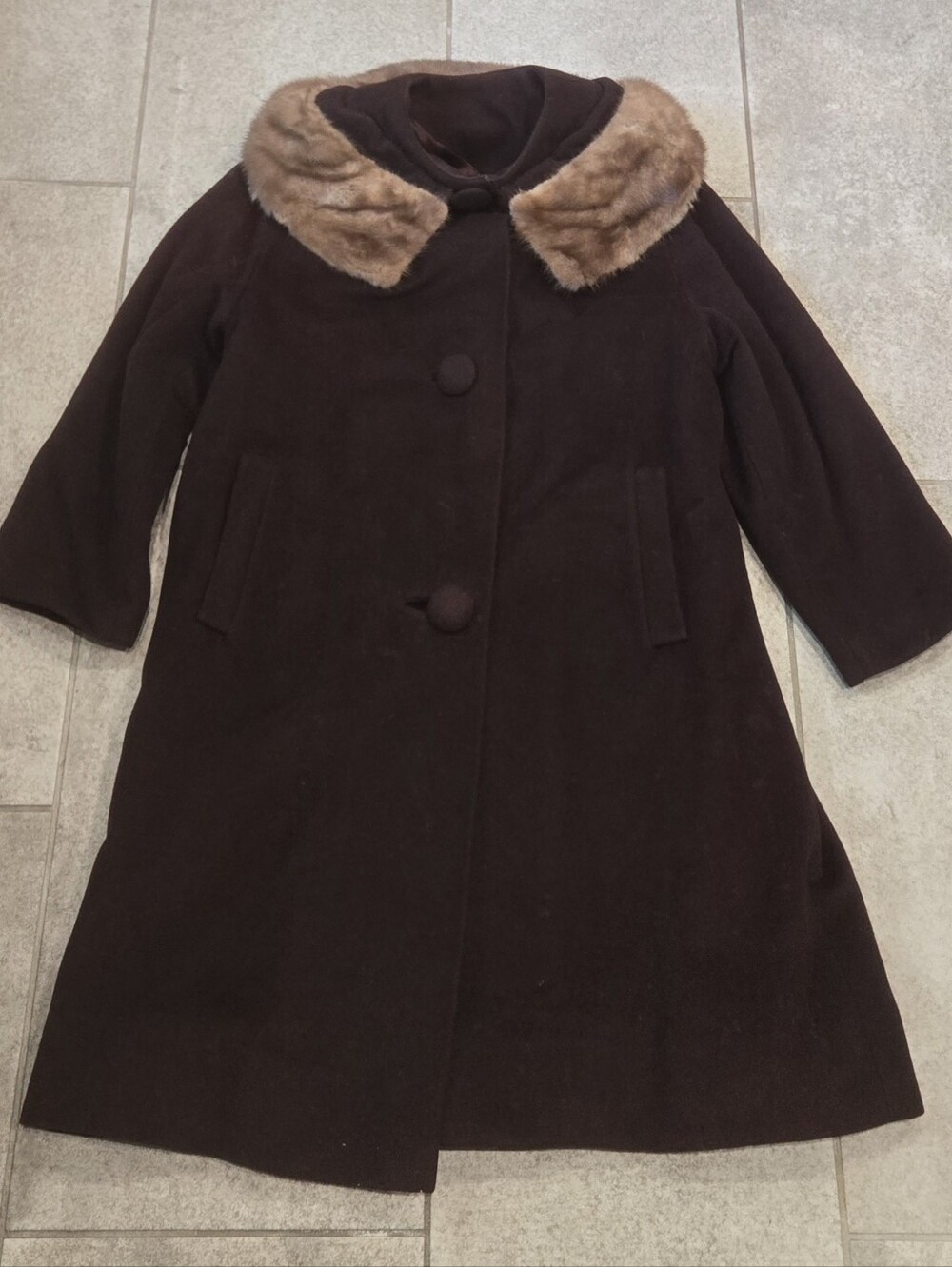 Vtg 1960s Chocolate Brown Wool Winter Coat Real Mink Fur Collar ILGWU M L 42